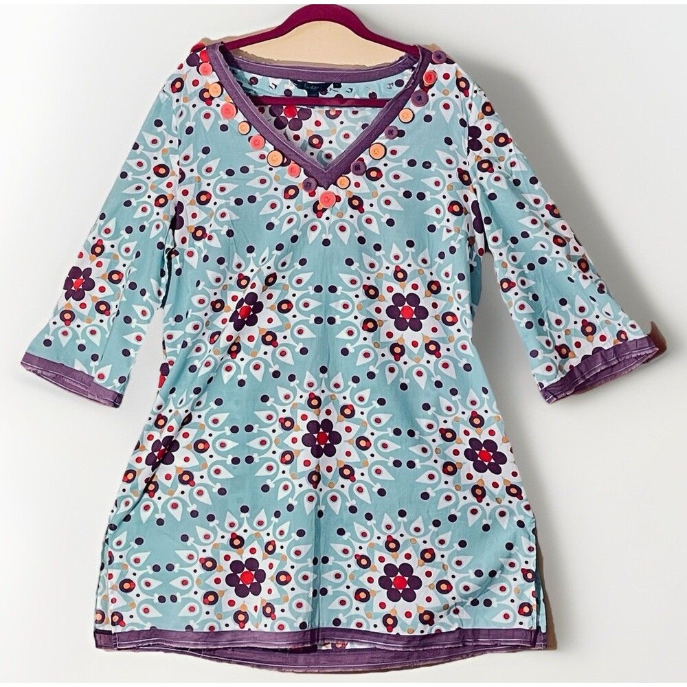 Boden Cotton Swim Cover Up Tunic Size 18 Blue Purple Print V Neck Coastal Resort
